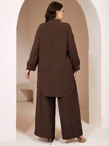 Veilorie Plus Size Women Solid Color Button Half-Placket Long Sleeve Shirt And Pants Casual 2-Piece Set Fall - Coffee Brown - View 2