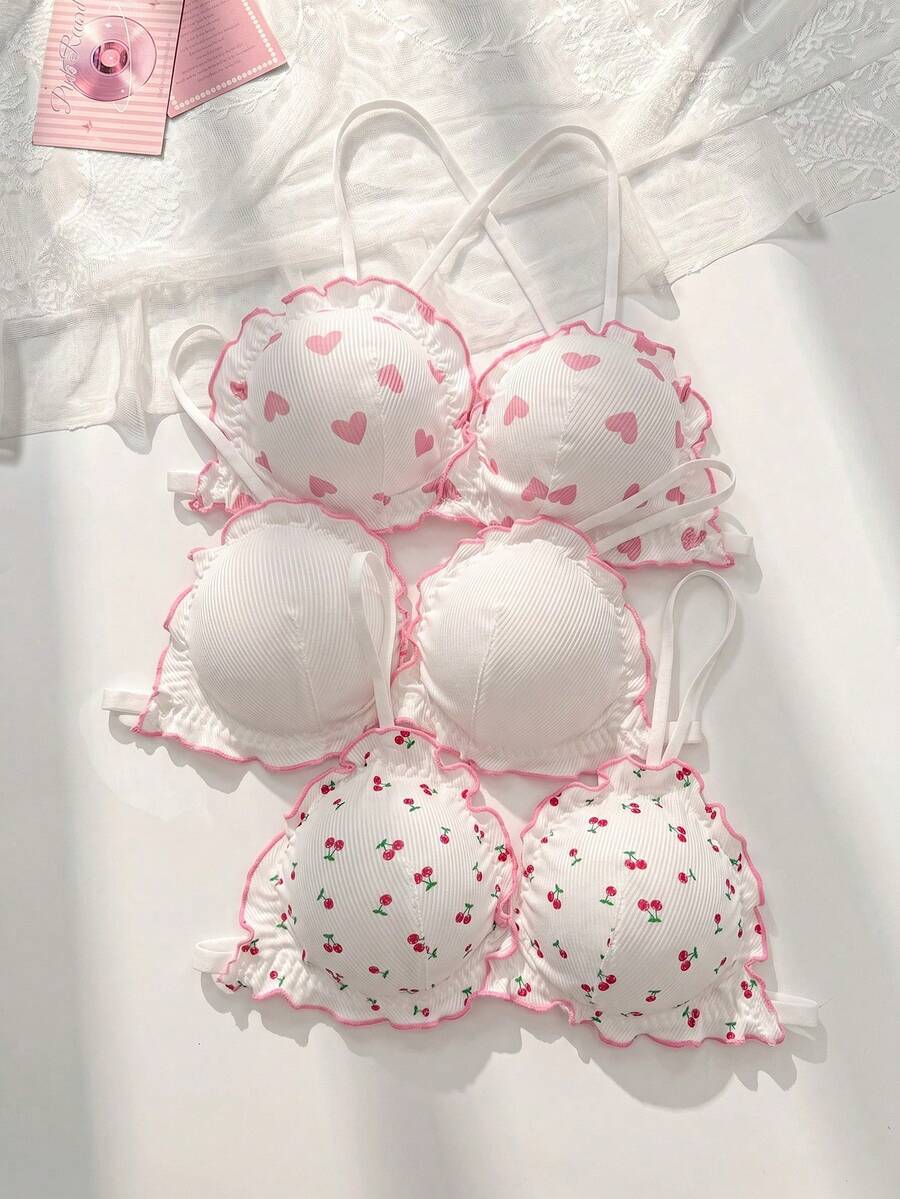 PetitDoll 3件套可爱印花交叉后背无钢圈文胸,女士 - 彩色 - 查看 1