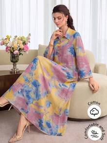 Yasmyna 領口前開扣棉質印花多色長版襯衫，適合秋季度假 - 彩色 - 查看 6