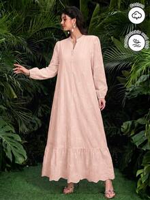 SHEIN Najma 女款阿拉伯風洋裝，假領設計，鈕扣裝飾，刺繡布料，燈籠長袖與喇叭裙擺 - 粉色 - 查看 5
