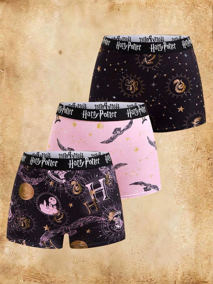 HARRY POTTER X SHEIN 女士舒适柔软全身字母印花平角内裤 - 黑色 - 查看 1