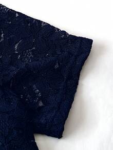 EMERY ROSE Ladies' Summer Solid Color Lace Patchwork Casual Open Front Jacket For Holiday Party Clothes - Navy Blue - View 4