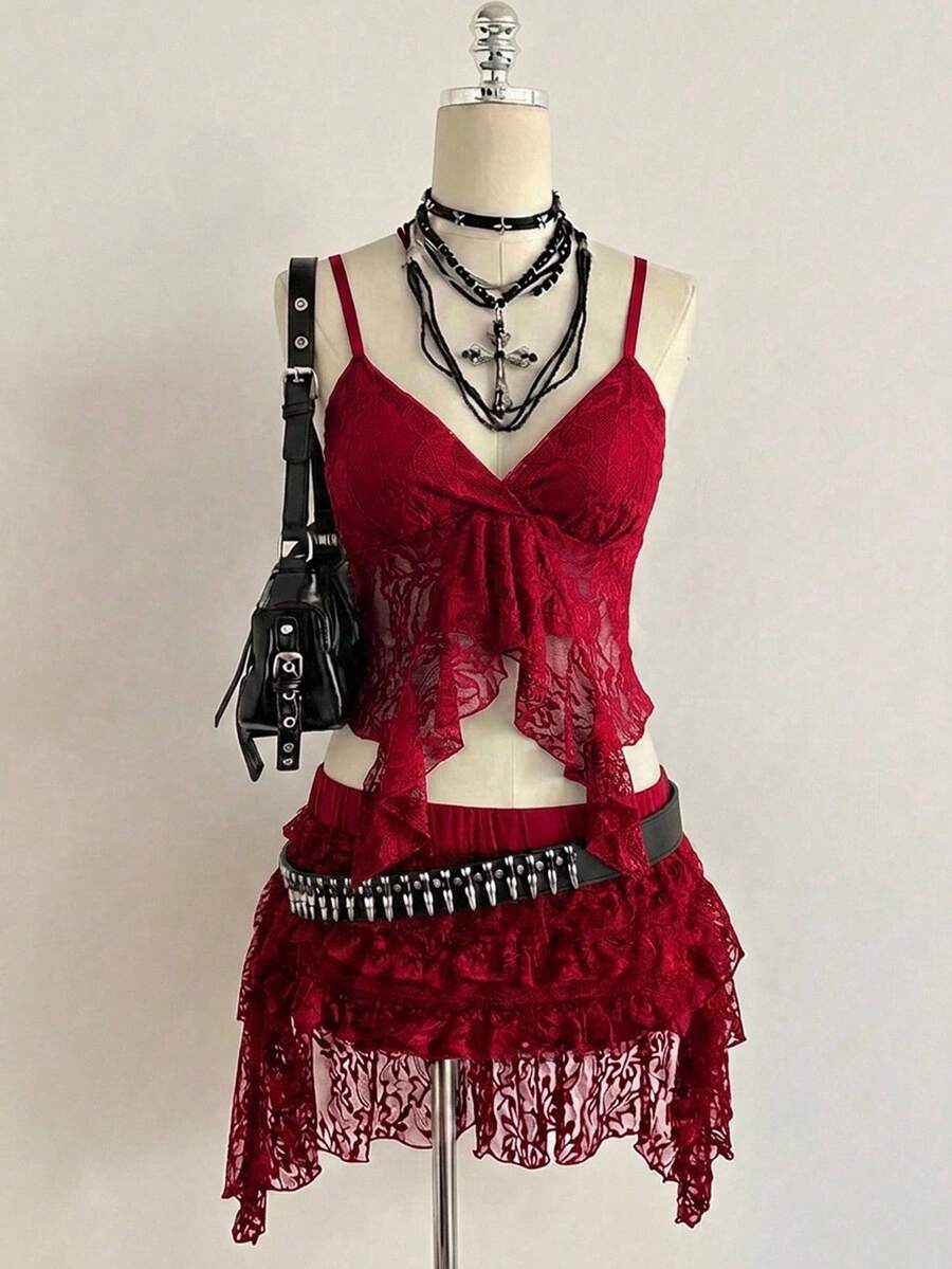 Attitoon 女款休閒性感背心，Y2K風格，不對稱下擺，蕾絲拼接，女款夏季服飾，外出穿搭，適合派對、音樂節、夏季服飾、街頭穿搭，適合日常通勤、約會、聚會、秋冬/夏季、派對、婚禮、海灘、畢業典禮，優雅、休閒、外出 - 酒紅色 - 查看 1