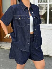 Rivivi Festival Plus Size Women's Summer Blue Non-Stretch Denim 2 Pieces Set - Dark Wash - View 1