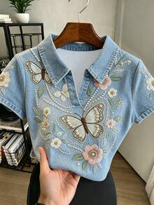 SHEIN Franclia 女士花卉蝴蝶印花休闲短袖上衣，夏季 - 白色 - 查看 5