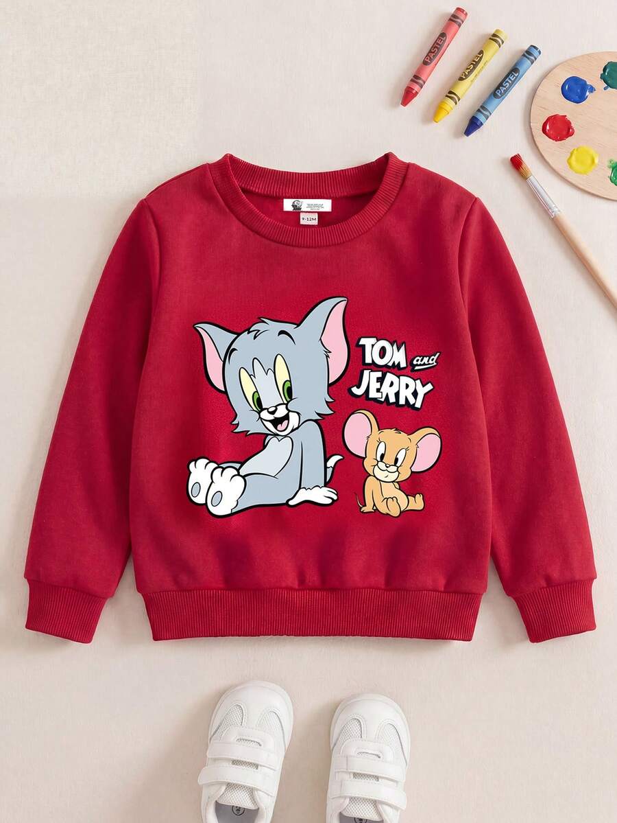TOM & JERRY X SHEIN Baby Boy Casual Cartoon Cat & Letter Print Crew Neck Red Sweatshirt, Autumn - Red - View 1
