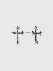 MortiRose 10pcs Simple Cross, Heart Shaped Earrings Set, Cross Stud Earrings, Mini Earrings, Fashion Earrings Accessories For Women, Suitable For Daily Wear - Silver - View 5