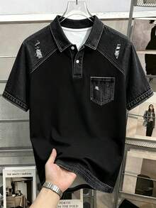 Manfinity Hypemode Men's Plus Size Black Denim Effect Patchwork Polo Shirt, Suitable For Casual Daily Wear - Black - View 5
