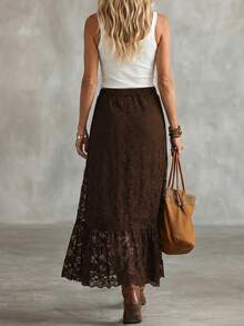 LanaWest Women's Western Casual Lace Elastic Waist Ruffle Hem Slit Skirt - Brown - View 2