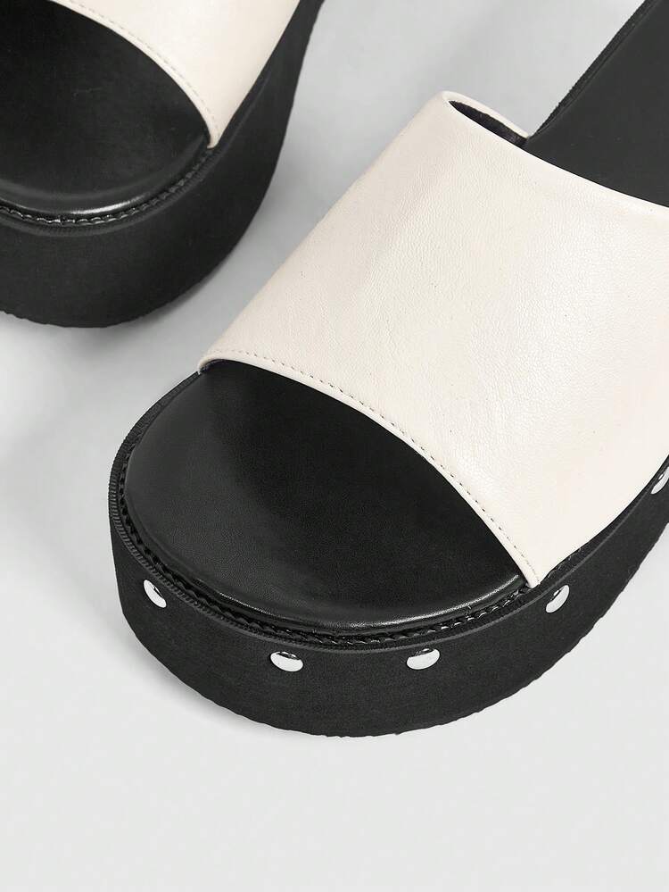 Sugerpunk Women Heeled Sandals 2026 Summer With Open Toe Thick Bottom Locomotive Rivets 8cm Slippers - Beige - View 9