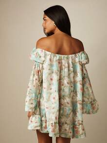 MISSGUIDED 露肩花卉迷你洋裝，喇叭袖、荷葉邊下擺，娃娃洋裝風，春夏婚禮賓客穿搭 - 藍色 - 查看 2