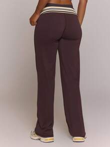 Musera Sport Butter Yellow Contrast Stripe Thick Foldover Waist Wide Leg Yoga Leggings Pants - Coffee Brown - View 4