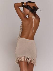 MUSERA Nude Knit Cowl Neck Fringed Hem Fitted Mini Dress - Apricot - View 4