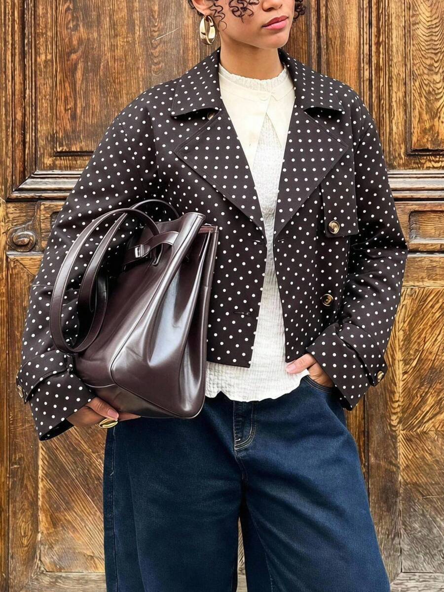 SHEIN EZwear Women's Polka Dot Print Woven Button-Up Long Sleeve Jacket