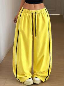 Maweii Plus Size Women's Drawstring Waist Colorblock Casual Versatile Daily Wear Wide Leg Pants - Yellow - View 4