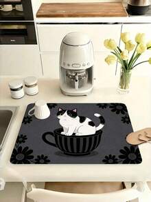 1PC Large Microfiber Rubber Base Super Absorbent Quick Drying Non Slip Easy Clean Waterproof Durable Cute Kitten In Cup Pattern Kitchen Countertop Dish Drying Mat Coffee Mat For Home Coffee Bar Sink Dining Table Kitchen Accessories Decor Gift - Multicolor - View 6