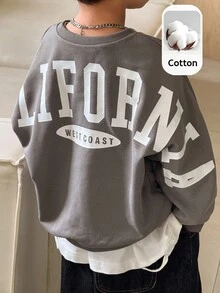 SHEIN Little Byeori 1件兒童青少年男孩休閒學院風舒適時尚極簡街頭風寬鬆實用百搭大字母圖案厚款運動衫，適合日常穿著、上學、旅行、運動，秋冬款 - 淺藍色 - 查看 5