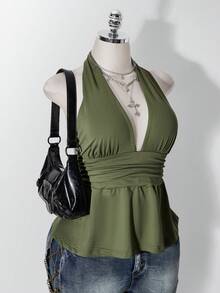 SHEIN ICON 大尺碼掛脖深V領收腰A字露背波點背心上衣，復古Y2K波點掛脖背心，娃娃裝波點掛脖露背上衣 - 軍綠色 - 查看 9