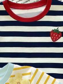 (Random Pattern, 1 Pc Random) Girls' Fresh Minimalist Yellow Striped Floral Cuff Contrast Blue Strawberry Lemon Basic Short T-Shirt, Everyday Wear - Multicolor - View 5