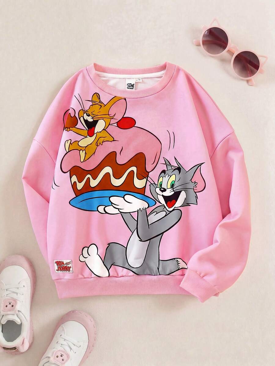 TOM & JERRY X SHEIN Tween Girl Cartoon Printed Pink Casual Loose Drop Shoulder Sweatshirt - Pink - View 1