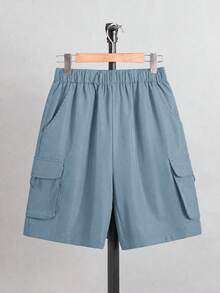 SHEIN 青少年男孩夏季休閒純色工裝短褲 - 藍色 - 查看 5