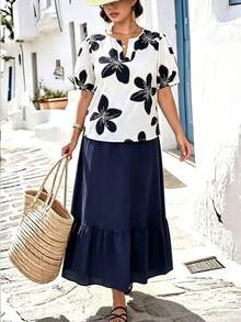 Breezaya 大尺碼女款梭織標準版型早春極簡度假舒適花邊淺藍短袖上衣與裙子兩件套 - 藏蓝色 - 查看 1