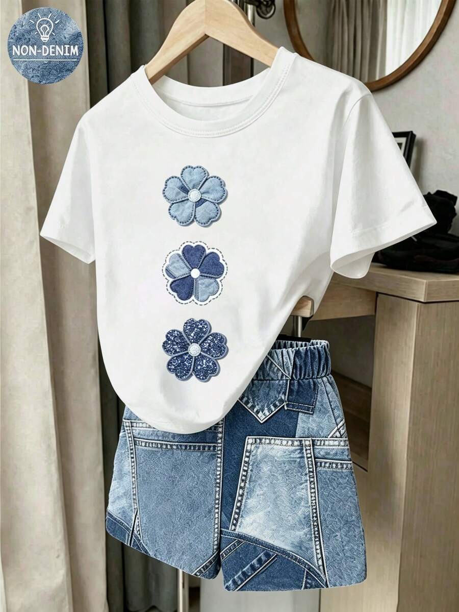 女童 T-Shirt 套裝,仿牛仔套裝,圓領短袖印花 T-Shirt,附小花熱轉印,時尚可愛仿刺繡花卉,仿亮片花卉印花 T-Shirt + 短褲,藍色,時尚舒適休閒,適合外出、學校、居家穿著,返校季,四季可穿 - 白色 - 查看 1