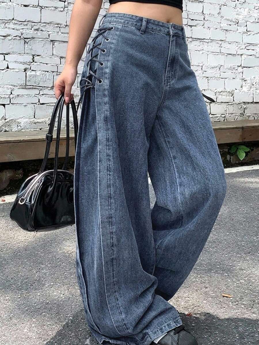 Dazy Plus Celana Jeans Panjang Model Longgar Lebar dengan Desain Ikat Pinggang Denim Vintage, Gaya Blogger, Pas Badan, dan Ramping, Cocok untuk Musim Semi, Gugur, dan Musim Dingin. - Medium Wash - View 1