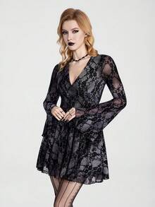 Breakform Gothic Goth Halloween Sexy Romantic Lace Flocked-Print Short Dress With Blurred Rose Pattern Bell-Sleeve Mini Night Grey Autumn - Black - View 6