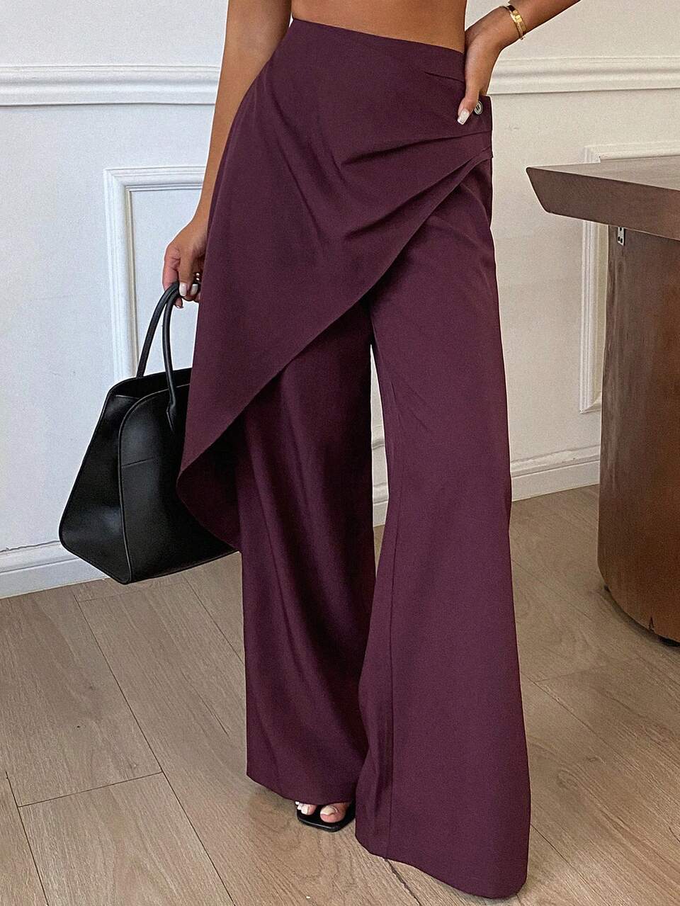 Solid Color Loose Asymmetric Neck 2 In 1 Wide Leg Pants, Casual Elegant Formal Streetwear Spring Autumn Women's Long Pants