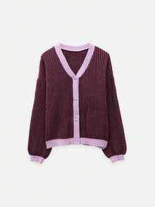 Nöista Ribbed Knit Cardigan In Burgundy With Purpple Contrast Trim, V-Neck, Button Front. Autumn Layering, College, Office, Chic, Cozy Fall. Winter Clothes.. - Rose Red - View 8