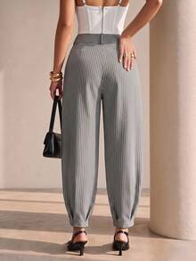 Structelle Women's Spring/Autumn Elegant Casual High-Waist Double-Button Pleated Straight-Leg Tapered Trousers - Black and White - View 2