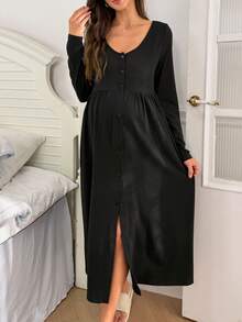 Moonlight&Mama Solid Color V-Neck Casual Button-Front Long Sleeve Maternity Loungewear Dress - Black - View 1