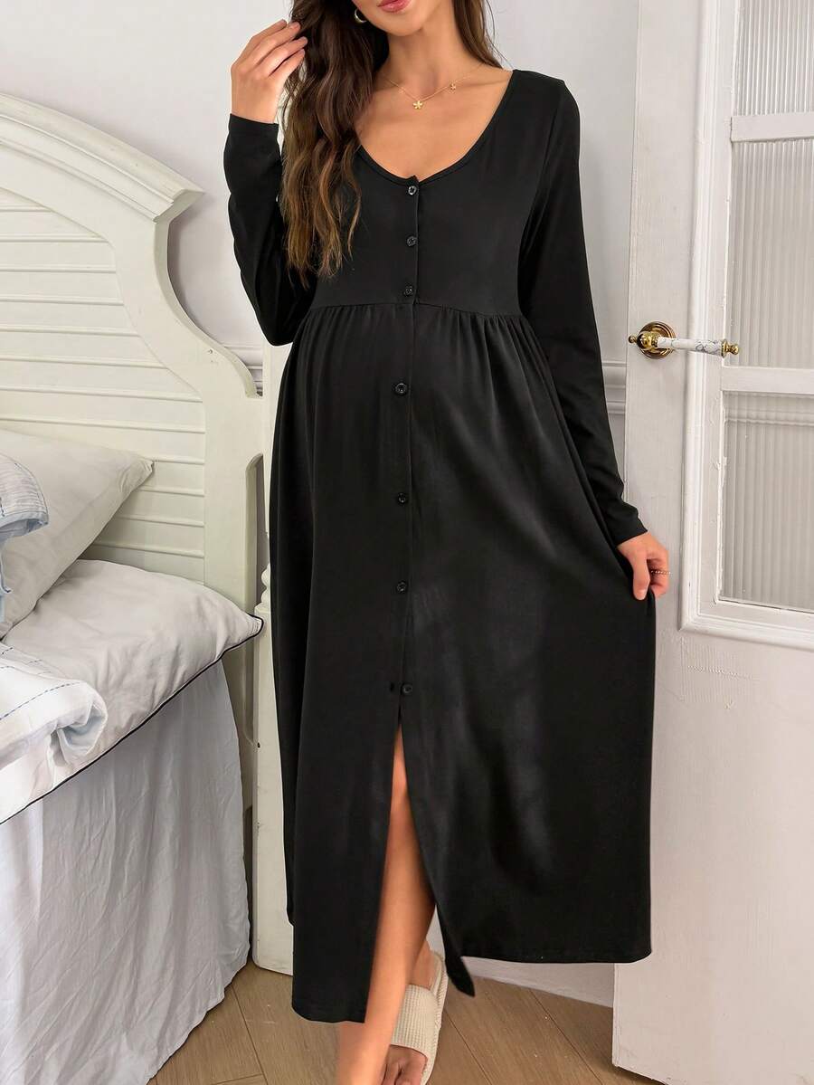 Moonlight&Mama Solid Color V-Neck Casual Button-Front Long Sleeve Maternity Loungewear Dress - Black - View 1