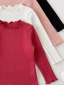 Conjunto de 4 piezas de blusas de manga larga con cuello de volantes de unicolor para niñas bebé en negro, blanco y rosa - Multicolor - Ver 3