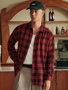 SWAVVY 1 pieza Camisa de algodón ultra holgada con estampado a cuadros y hombros caídos - Rojo - Ver 4