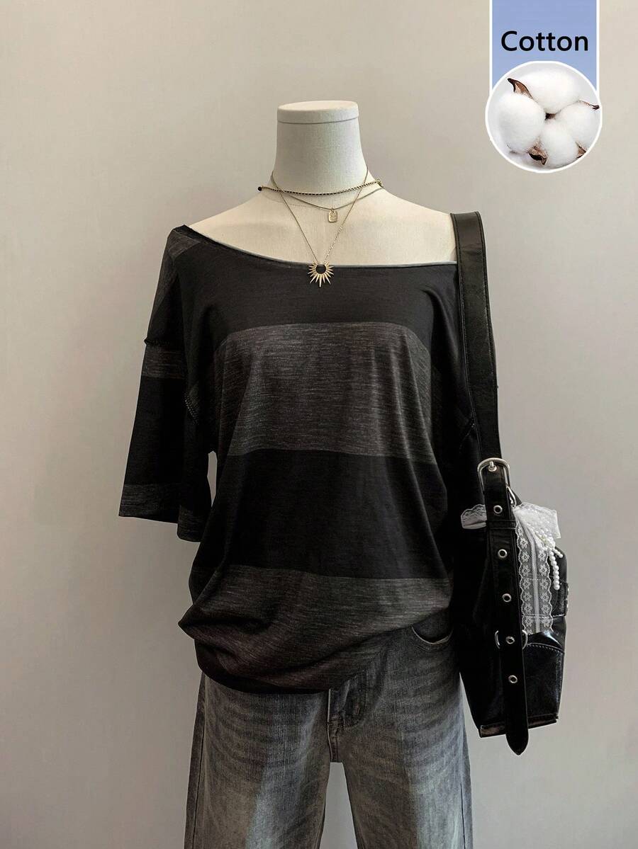Attitoon Kaos Wanita Kasual Minimalis Garis-garis Hitam & Abu-abu 95% Katun Motif Cetak Penuh Bahu Asimetris Lengan Pendek Potongan Longgar Cocok untuk Musim Semi & Musim Panas - MultiWarna - View 1