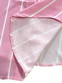 SHEIN 1件少女夏季休閒時尚經典舒適粉色條紋立領短袖中長版寬鬆襯衫洋裝，附開衩下擺與腰帶，適合日常穿著、購物、度假及其他場合 - 粉色 - 查看 6