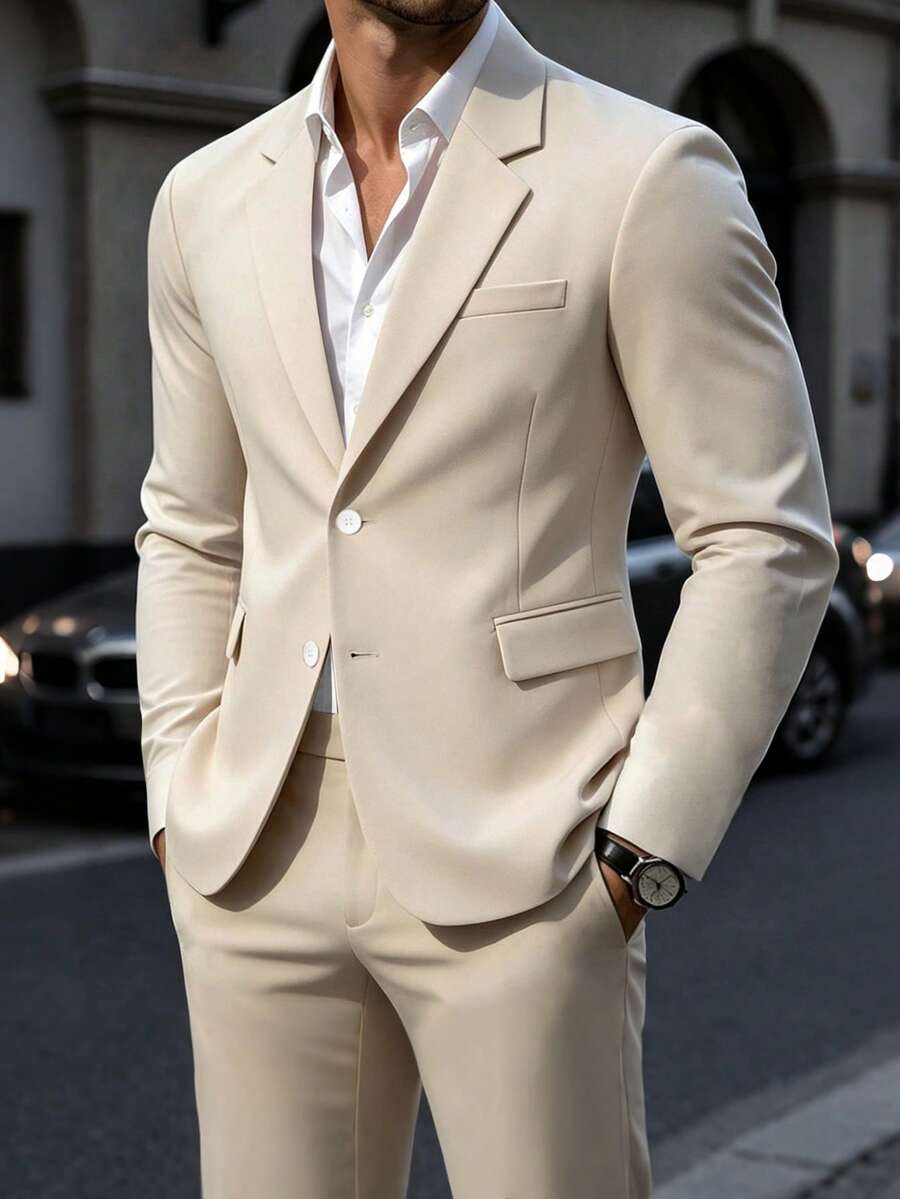 Manfinity Mode Men's Solid Color Notch Lapel Single-Breasted Long Sleeve Jacket And Pants Casual Commute Suit Set - Apricot - View 1