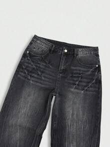 Manfinity Hypemode Celana Jeans Denim Pria American Vintage Washed Black Premium Serbaguna dengan Potongan Longgar - Hitam - View 8