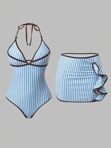 Swim Oasis Women's Striped One-Piece Swimsuit Cover-Up Skirt - Multicolor - View 8