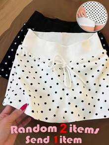 SHEIN Tween女孩針織小圓點內建內搭褲休閒抽繩裙 - 白色 - 查看 2