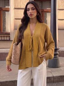Duskaine Women's Autumn/Winter Casual Solid Color Tie-Front Cardigan - Yellow - View 1