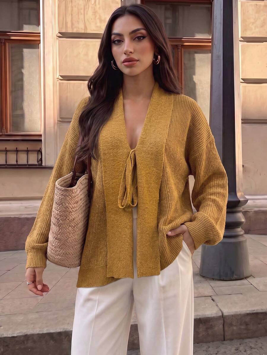 Duskaine Women's Autumn/Winter Casual Solid Color Tie-Front Cardigan - Yellow - View 1