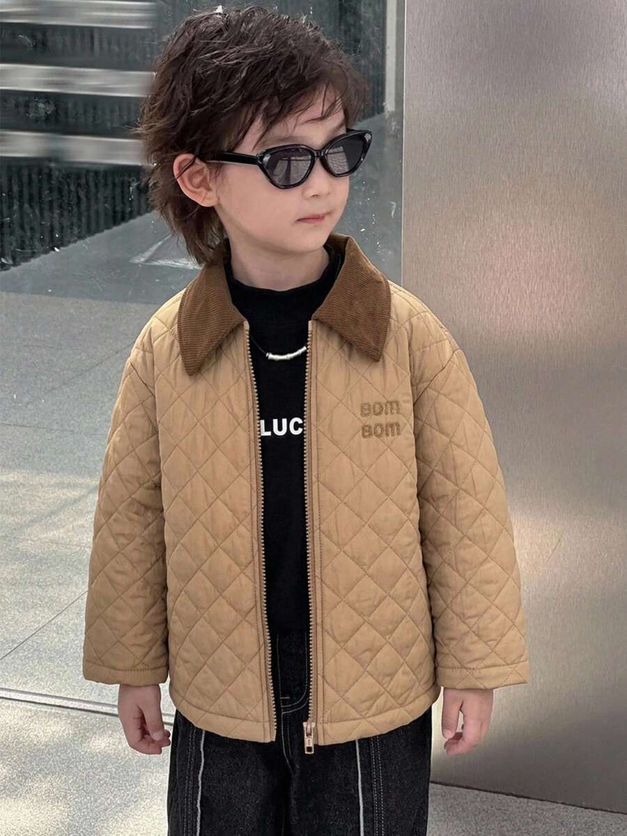 Dazy Kids Young Boy Letter Pattern Colorblock Zip-Up Casual Winter Travel Padded Coat - Khaki - View 1