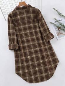 SHEIN LUNE 大尺碼女款格紋休閒連身裙 80年代 90年代 1920年代風 約會 辦公室 派對 畢業式 教師 開學季 秋季 巧克力棕 工作穿搭 - 咖啡棕 - 查看 5
