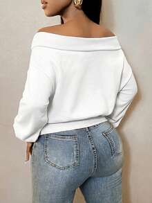 SHEIN SXY 字母圖案露肩時尚衛衣，秋冬長袖上衣 - 白色 - 查看 2