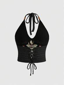 ROMWE Dark Gothic Mysterious Moth & Floral Embroidered Halter Neck Plus Size Women's Knit Top - Black - View 2