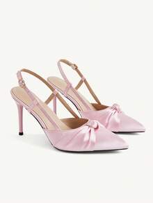 CUCCOO CHICEST French Pink Satin Pointed Stiletto High Heels, Slingback Word With Temperament Shoes, High Heel Bridesmaid Shoes - Pink - View 2