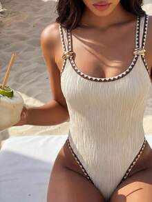Bonvoyette Elegant Solid Color Textured Fabric Women's One-Piece Swimsuit, Multi-Strap Design With Metal Hardware Decoration, Suitable For Beach Vacation - Multicolor - View 4